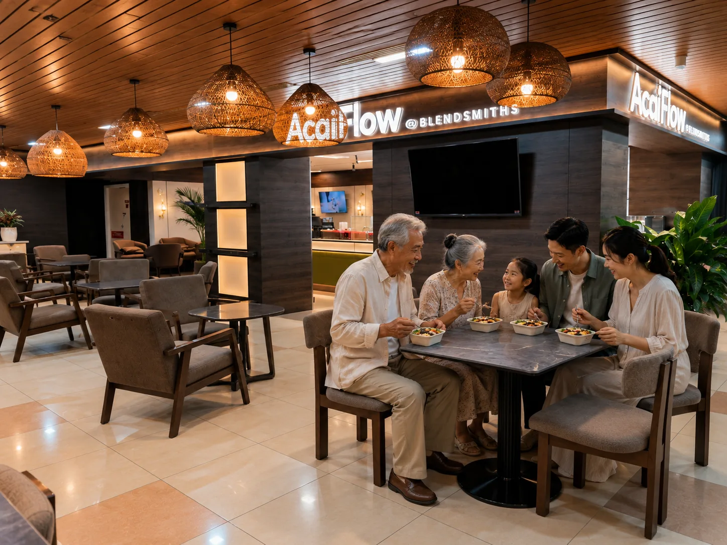 Family enjoying AcaiFlow bowls together in store